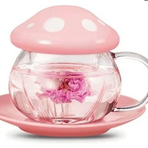 Mushroom Cup Cute Glass Tea Cup with Infuser and Lid Kawaii 11oz (Pink)